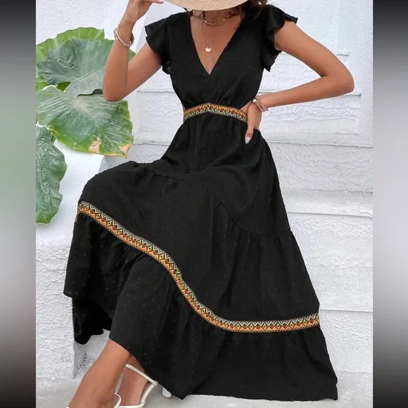 Boho Black Swiss Dot Plunge Neck Open Back Tie Backless Maxi Dress - Picture 3 of 7